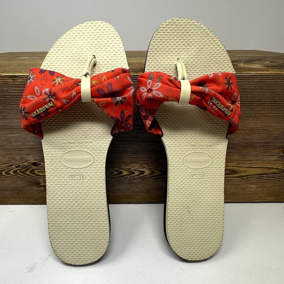 Havaianas Bege Palha Sandals Red Floral Fabric Thongs SZ 7/8 - 39/40 Beach Boho - Picture 2 of 7